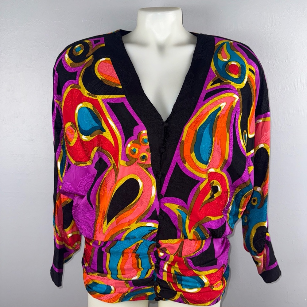 Vintage Brijo Blouse Women’s 10 Abstract Print Button Up Padded Shoulder *READ
